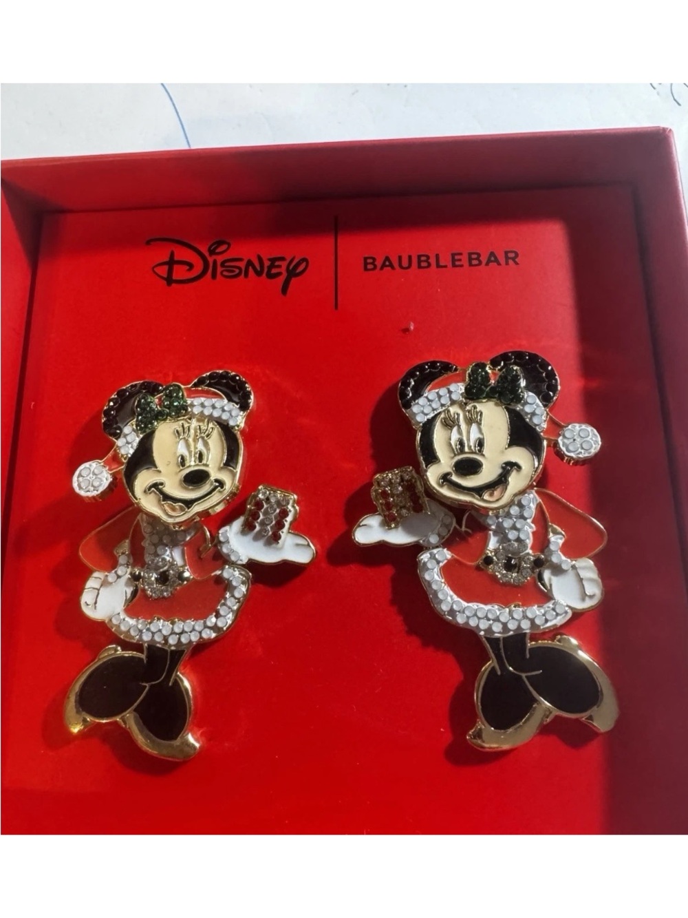 New Baublebar Disney Christmas Minnie Mouse Figural 3D Earrings Santa Dress
